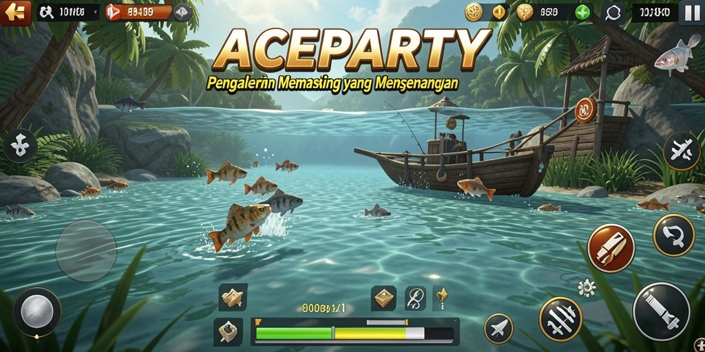 Gameplay ACEPARTY dengan pengaturan memancing yang indah.