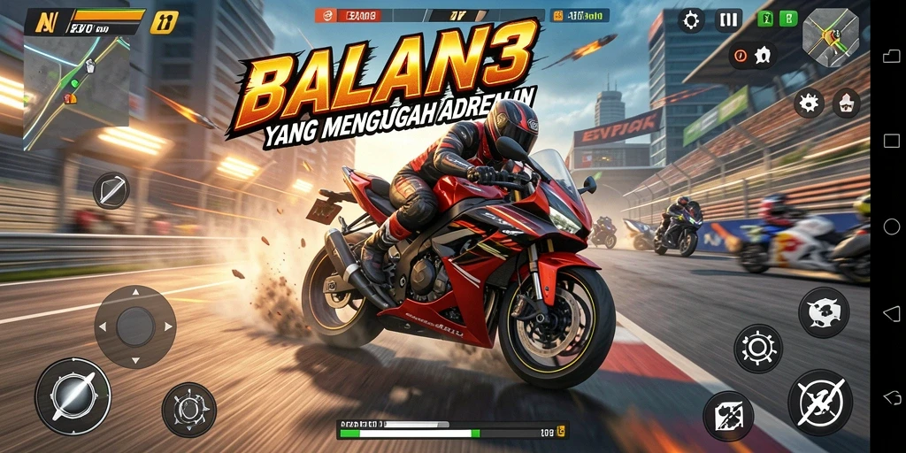 Screenshot utama EVIP3 menampilkan aksi cepat balapan motor yang menegangkan.