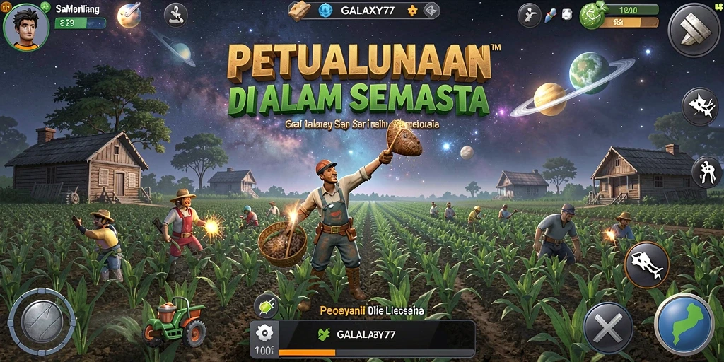 Screenshot gameplay <strong>GALAXY77</strong> menunjukkan kebun yang hijau dan subur.