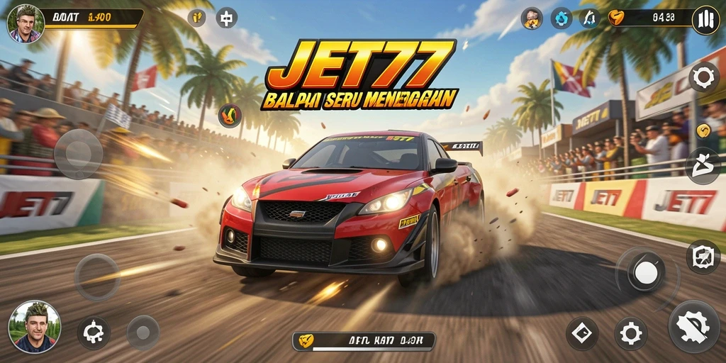 Gambaran gameplay JET77 dengan aksi balapan yang mendebarkan.