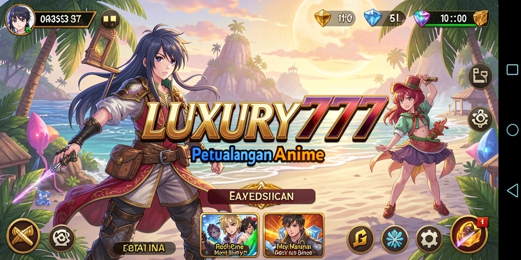 Screenshot gameplay LUXURY777 menampilkan karakter anime yang beraksi.