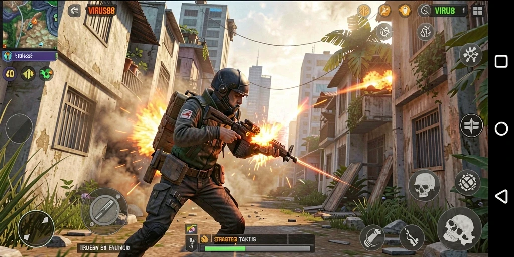 Menampilkan momen epik dalam pertempuran strategi VIRUS88.