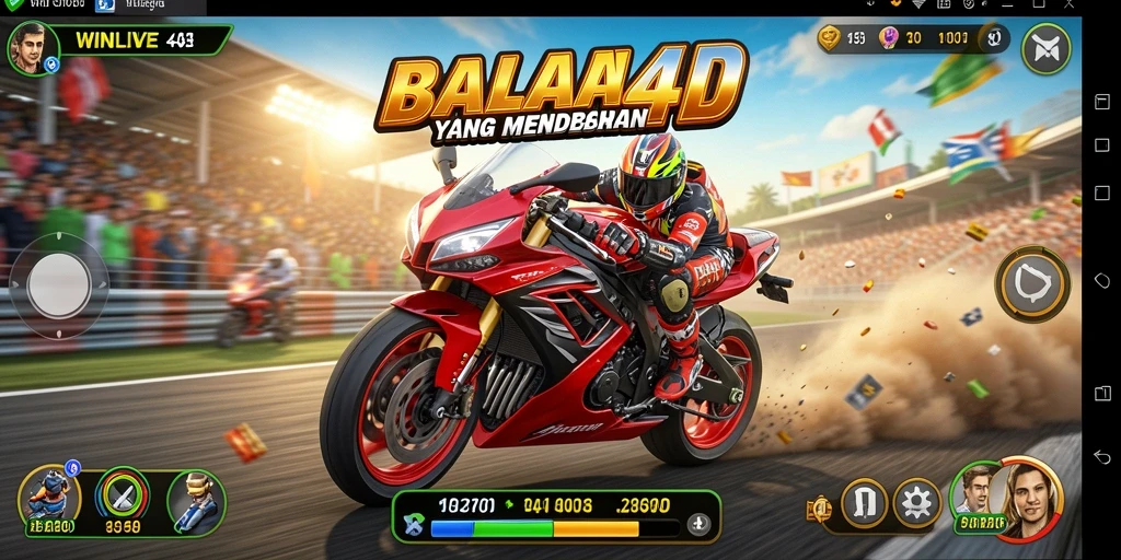 Tangkapan layar gameplay WINLIVE4D menampilkan balapan motor yang mendebarkan.