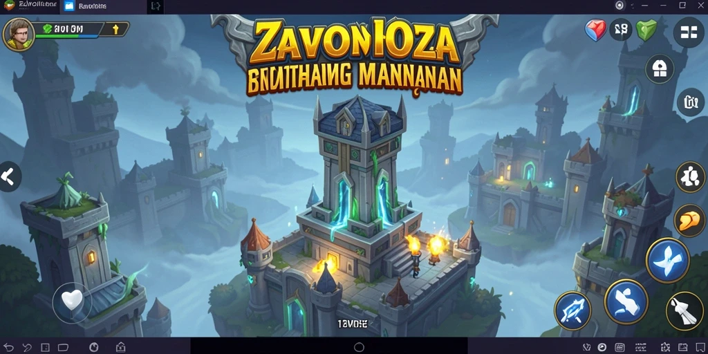 Screenshot gameplay ZAVONZO menampilkan menara yang beraksi di medan perang Tower Defense.